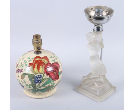 A frosted glass figure table lamp and a Copeland Spode floral decorated table lamp