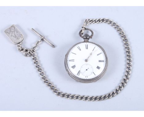 A George V silver open face pocket watch, subsidiary dial, black painted Roman numerals, silver T-bar and chain with Masonic 