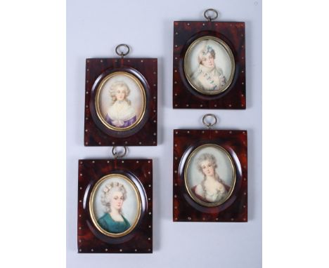 A set of four mid 20th century portrait miniatures, in faux tortoiseshell frames, 4" x 3 1/4" each