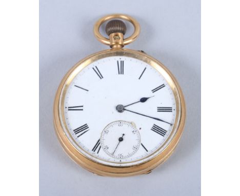 An 18ct gold cased open faced pocket watch with white enamel dial, roman numerals and subsidiary seconds dial