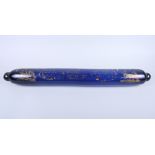 A 19th century Bristol blue glass rolling pin, decorated with gilt painted script and sailing boats,