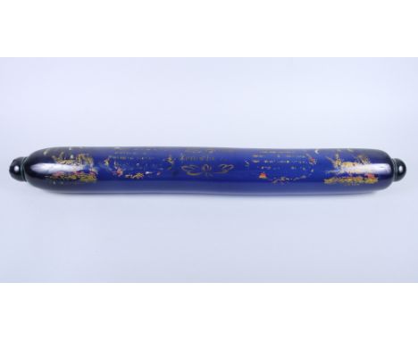 A 19th century Bristol blue glass rolling pin, decorated with gilt painted script and sailing boats, 32" long