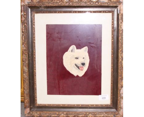 A silk embroidered panel portrait of a husky/malamute, in Art Nouveau frame