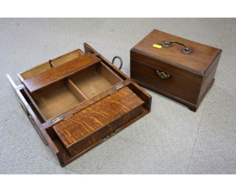 A Regency mahogany box with carrying handle, on shaped bracket feet, 8 1/4" wide, together with an early 20th century oak two