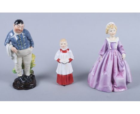 Two Royal Doulton figures, "Fat Boy" HN555 and "Choir Boy" HN2141, and a Royal Worcester figure, "Grandmother's Dress"