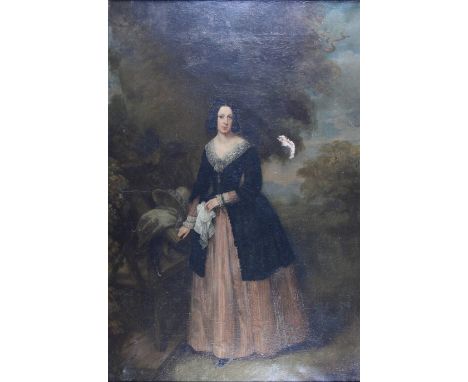 An early Victorian oil on canvas, full length portrait of an unknown woman wearing black lace over jacket, 31" x 20"