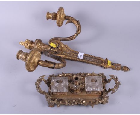A gilt metal ink stand and a two-light wall bracket