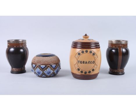 A pair of Doulton Lambeth siliconware copper lustre vases with silver mounts, 3 1/4" high, a Royal Doulton vesta holder, 3" h