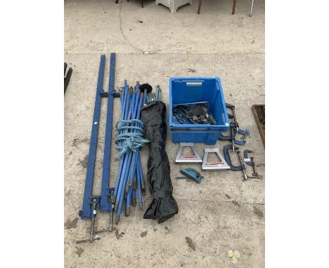 VARIOUS G CLAMPS, SASH CLAMPS, DRAINING RODS ETC 
