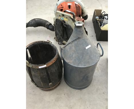 A VINTAGE METAL CAN AND A WOODEN BARREL (A/F) 