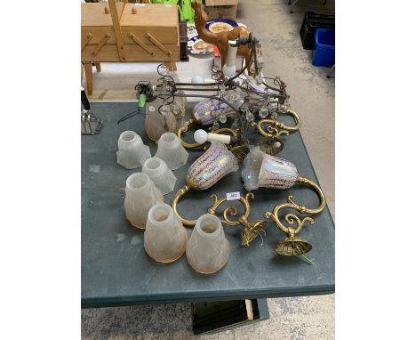 A COLLECTION OF GLASS LAMPS AND VINTAGE LIGHT FITTING 
