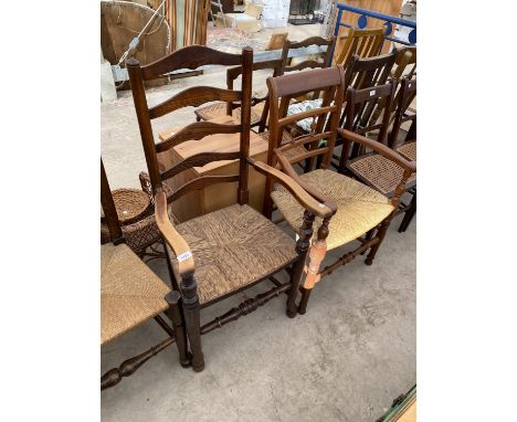 TWO LADDER BACK CARVER DINING CHAIRS WITH RUSH SEATS - ONE OAK, ONE MAHOGANY 