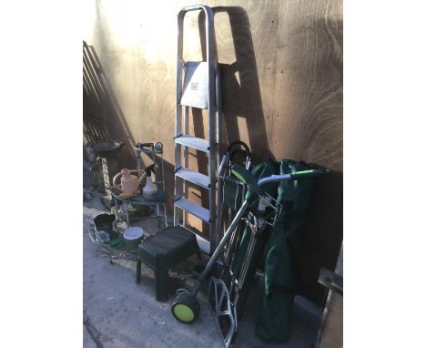 VARIOUS ITEMS TO INCLUDE CAMPING CHAIRS, FOLDING STOOLS, A FOUR RUNG ALLOY STEP LADDER, TROLLEYS, CORNER PLANT STAND ETC 