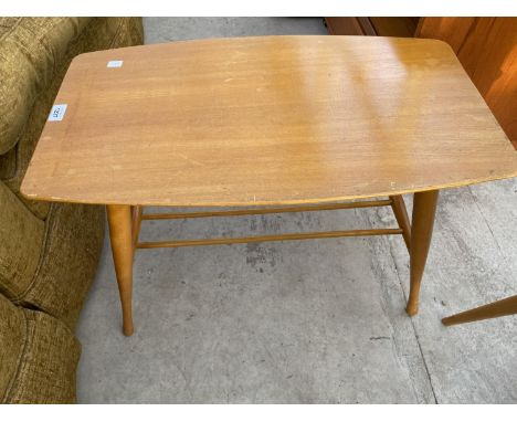 A SMALL RETRO TEAK COFFEE TABLE WITH LOWER DOWELLED SHELF 