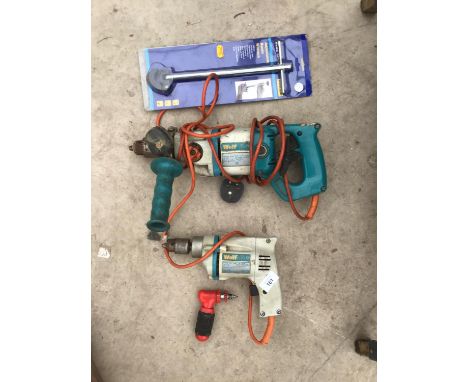 A WOLF HEAVY DUTY DRILL IN WORKING ORDER, A FURTHER WOLF DRILL FOR SPARES, AN ADJUSTABLE BASIN WRENCH ETC 