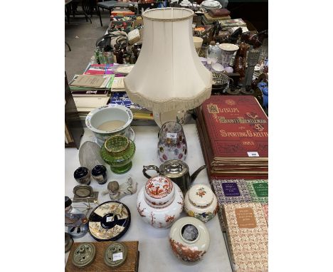 A LAMP TOGETHER WITH GLASS VASE, METAL TEA POT AND THREE GINGER JARS 