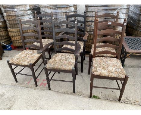 FOUR OAK LADDER BACK DINING CHAIRS AND TWPO CARVERS 
