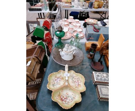 MIXED ITEMS - GREEN VICTORIAN GLASS OIL LAMP, OIL DECANTER ETC 