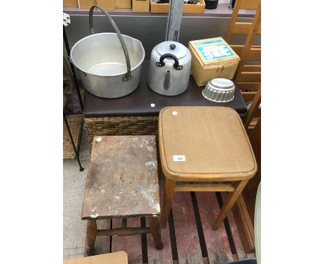 VARIOUS VINTAGE ITEMS TO INCLUDE A WICKER CHEST, A JAM PAN AND TEAPOT AND TWO STOOLS ETC 