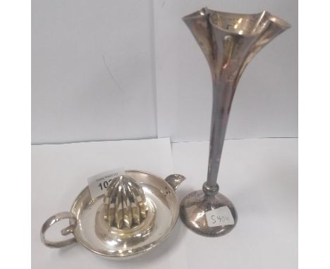 TWO ITEMS - SILVER PLATED LEMON SQUEEZER AND A HALLMARKED SILVER BUD VASE, (WEIGHTED BASE) 