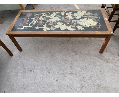 A RETRO TEAK COFFEE TABLE WITH SINGULAR TILE TOP HAVING  FLORAL DESIGN 