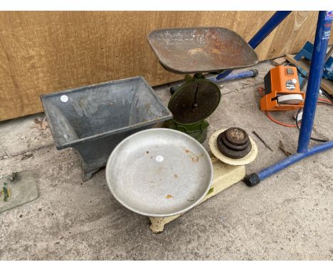 A SMALL CAST IRON TROUGH AND TWO SETS OF VINTAGE SCALES 