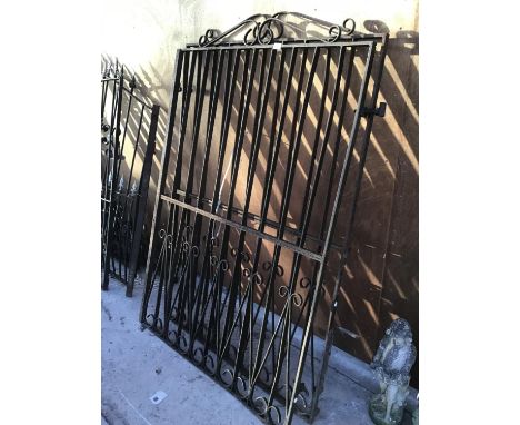 A LARGE PAIR OF WROUGHT IRON ORNATE GATES (EACH GATE 111CM X 164CM HIGH) 