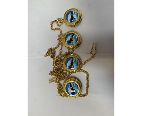 FOUR SPITFIRE DESIGN YELLOW METAL POCKET WATCHES AND CHAIN 