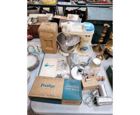 A VINTAGE KENWOOD CHEF FOOD MIXER WITH VARIOUS ATTACHMENTS, BOOKLETS ETC 
