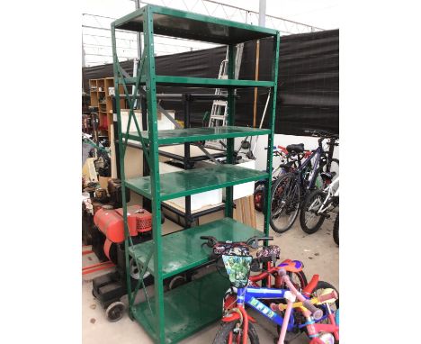 A GREEN METAL FIVE SHELF SHELVING RACK 