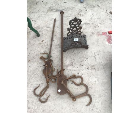 TWO SETS OF VINTAGE BUTCHERS MEAT SCALES AND A BOOT SCRAPER 
