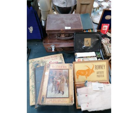 A MIXED GROUP OF ITEMS TO INCLUDE SUITCASE, VINTAGE BOOKS, PAINTS ETC 