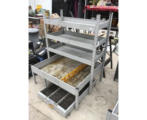 A METAL RACKING FOUR SHELF STORAGE UNIT WITH WHEELED UNDER STORAGE TRAY 