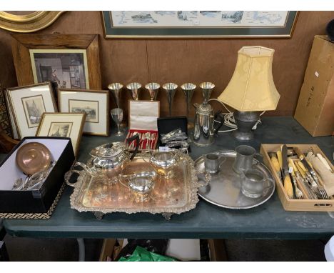 A COLLECTION OF ITEMS TO INCLUDE SILVER PLATED GOBLETS, LAMP, TRAY WITH TEA POT, FLATWARE ETC 