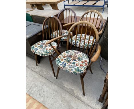 TWO ERCOL ELM DINING CHAIRS AND TWO MATCHING CARVERS 