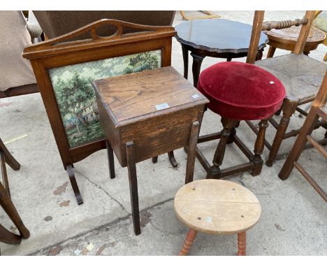 FOUR ITEMS - AN OAK SEWING BOX, TWO STOOLS AND A MAHOGANY AND TAPESTRY FIRESCREEN 