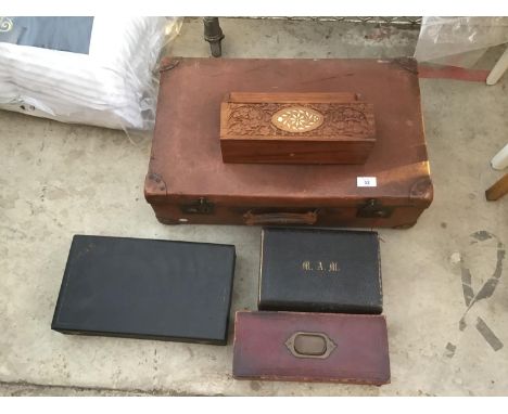 A VINTAGE SUITCASE, TWO JEWELLERY BOXES ETC 