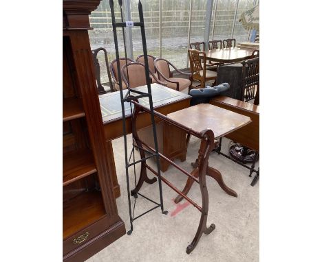 AN IRON PAN STAND AND A MAHOGANY TOWEL RAIL 