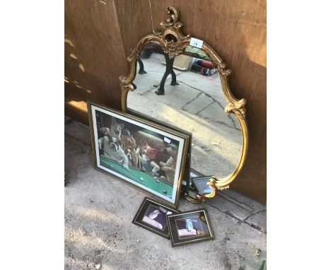 AN ORNATE GILT FRAMED MIRROR AND THREE PICTURES TO INCLUDE DOGS PLAYING POOL 