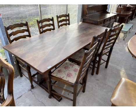 AN OAK REFECTORY DINING TABLE WITH PEGGED STRETCHER RAIL AND SIX LADDER BACK OAK DINING CHAIRS 