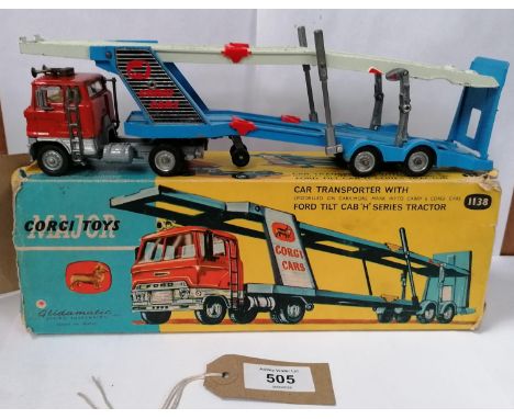 A CORGI MAJOR TOYS CAR TRANSPORTER WITH FORD TILT CAB 'H' SERIES TRACTOR IN ORIGINAL (BUT DAMAGED) BOX - MODEL NUMBER 1138 