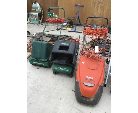 THREE ELECTRICAL ITEMS TO INCLUDE A FLYMO TURBO COMPACT 350, A QUALCAST XR30 WITH BOX AND A QUALCAST 35 LAWN RAKER WITH BOX I