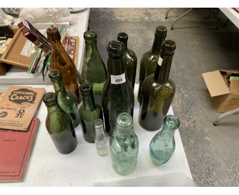 A COLLECTION OF VINTAGE GLASS BOTTLES, COD BOTTLE, SOME NAMED 