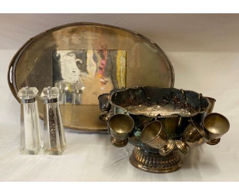 Silver plate to include a galleried pierced twin handle tray 62.5cm wide, a punch bowl with fluted body, floral garland repou