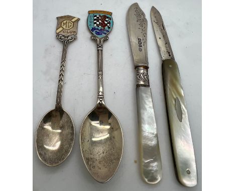 Two hallmarked silver spoons MG Car Club and Yorkshire Centre British Automobile racing club, silver bladed and mother of pea