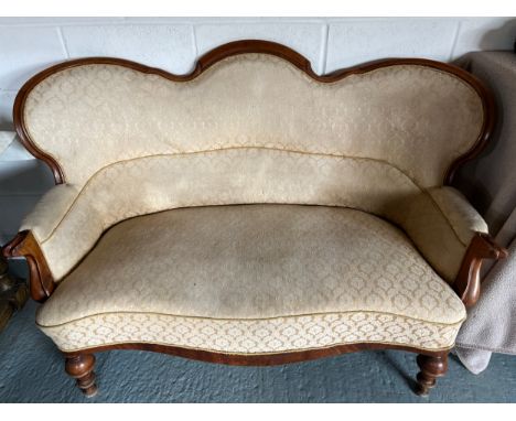 A 19thC two seater upholstered sofa. 146 w x 102cm h.Condition ReportChips to veneer in places.