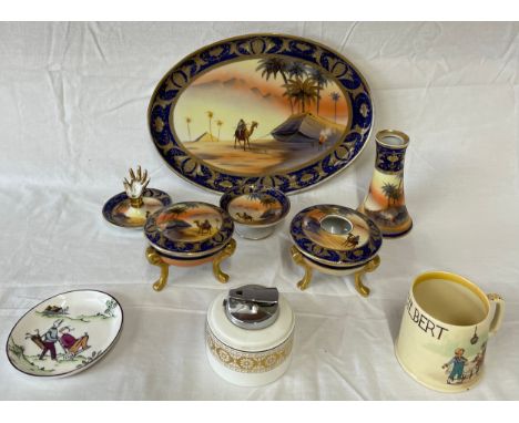 A mixed lot to include a Noritake Egypt scene dressing table set, tray 29cms l, hand ring dish, trinket dish, candlestick hol