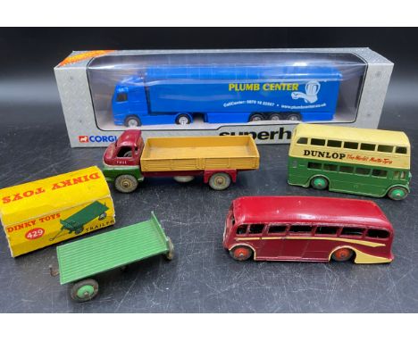 Collection of toys to include Corgi "Plumb Center" - Volvo Articulated Lorry 59551 in box, and four Dinky Toys, Bus 290 with 