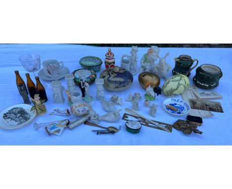 A large quantity of miscellaneous items to include Georgian patch box, bisque figures, silver topped jug and sugar bowl etc.C