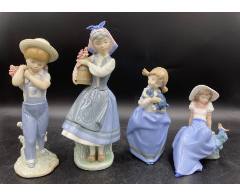 A selection of porcelain figures to include 2 Lladro and 2 Nao. Lady with flowers 26.5cm h.Condition ReportGood condition.